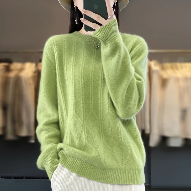 100% Merino wool cashmere women's sweater 0-neck long-sleeved pullover autumn and winter pullover padded top