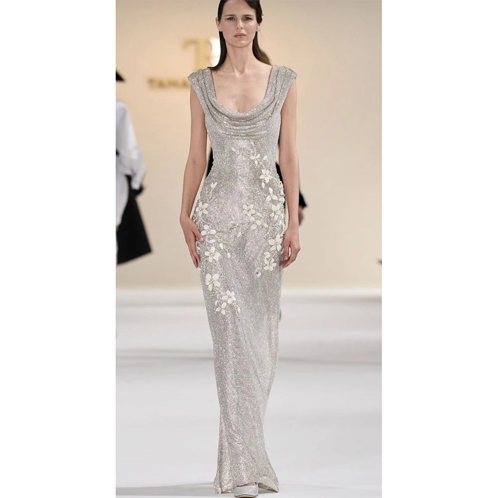Glamorous Silver Sequin Evening Dress with 3D Floral Appliques, Cowl Neck Sleeveless Mermaid Gown for Women's Wedding & Red Carp