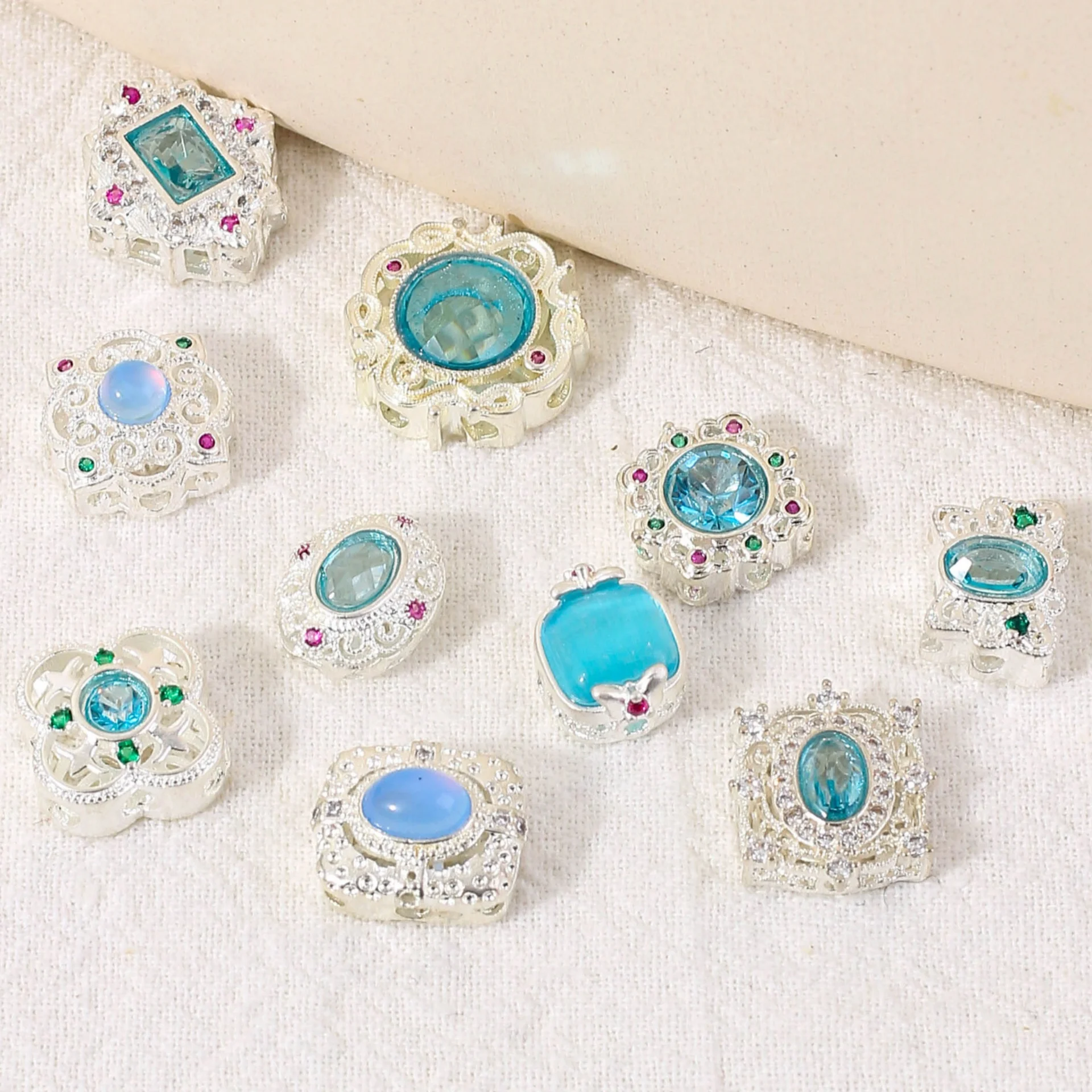 7pcs Copper Silver-plated Spacer Beads Inlaid Blue Crystal Stone Diy Bracelet Necklace Beading Jewelry Semi-finished Accessories