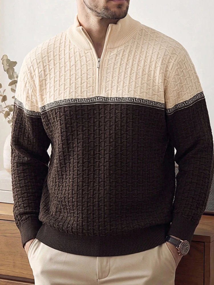 Daily Outdoor Contrast Color Shirt Tops Mens Autumn Warm Knit Long Sleeve Polo Shirts Male Fashionable Zip Knitted Shirts