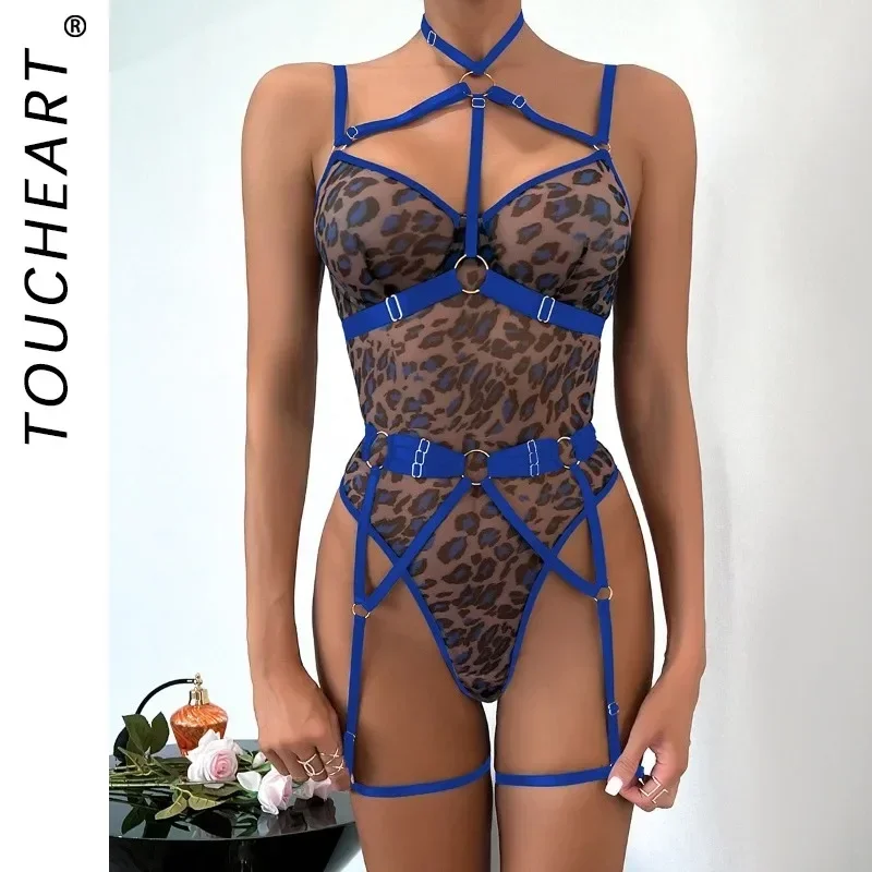 

Toucheart Sexy Lingerie For Women Leopard Print See-Through Mesh Strappy Sexy Underwire Sexy Garters Body-Shaping Bodysuit New