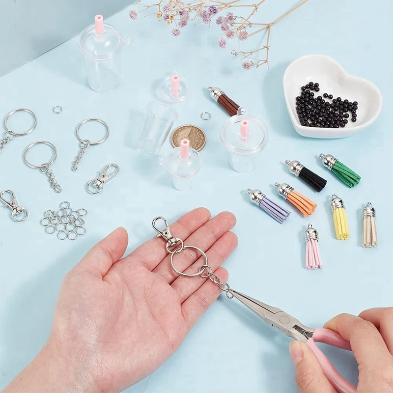 176 Pcs Mini Cup Keychain Making Kit, Including Blank Mini Cup Charms Bubble Tea Pendants Black Bubble Tassel Pendant