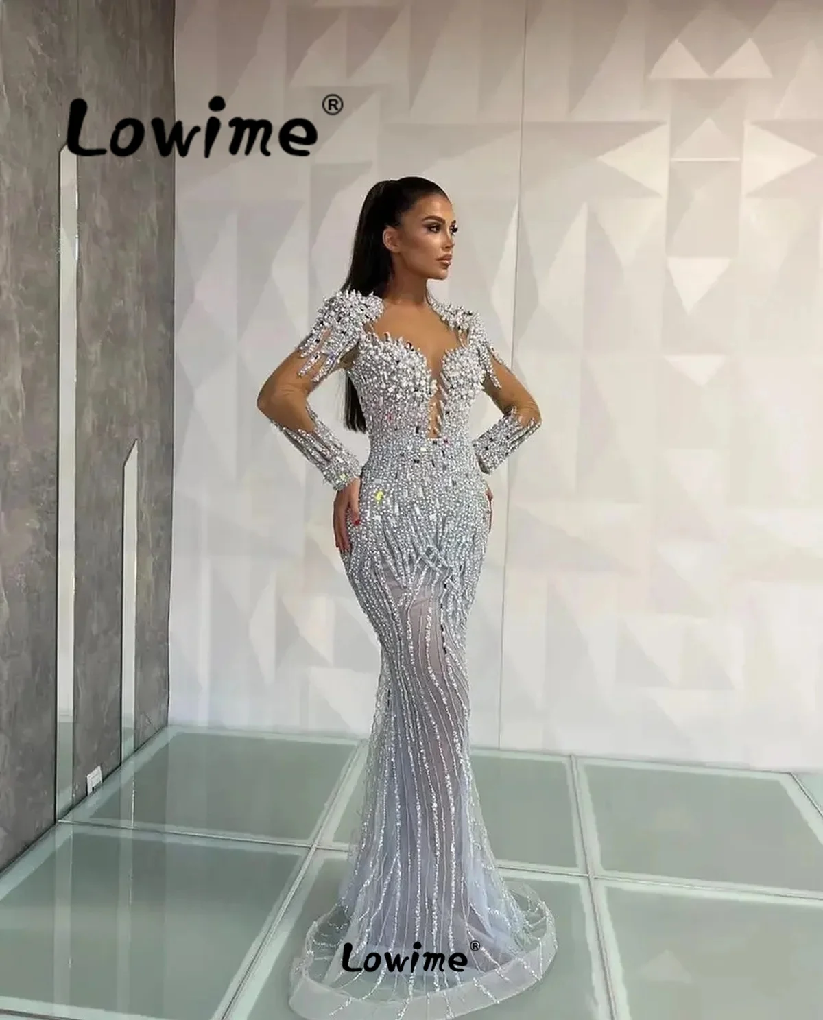 Gorgeous Silver Mermaid Evening Dress Long Sleeve Pearl Crystals Formal Arabic Prom Dresses Custom Made Wedding Party Dress Robe