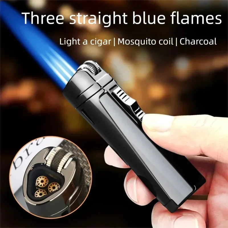 

New High-power Metal Three-torch Windproof Blue Flame Inflatable Lighter Visible Transom Grinding Wheel Portable Cigar Lighter