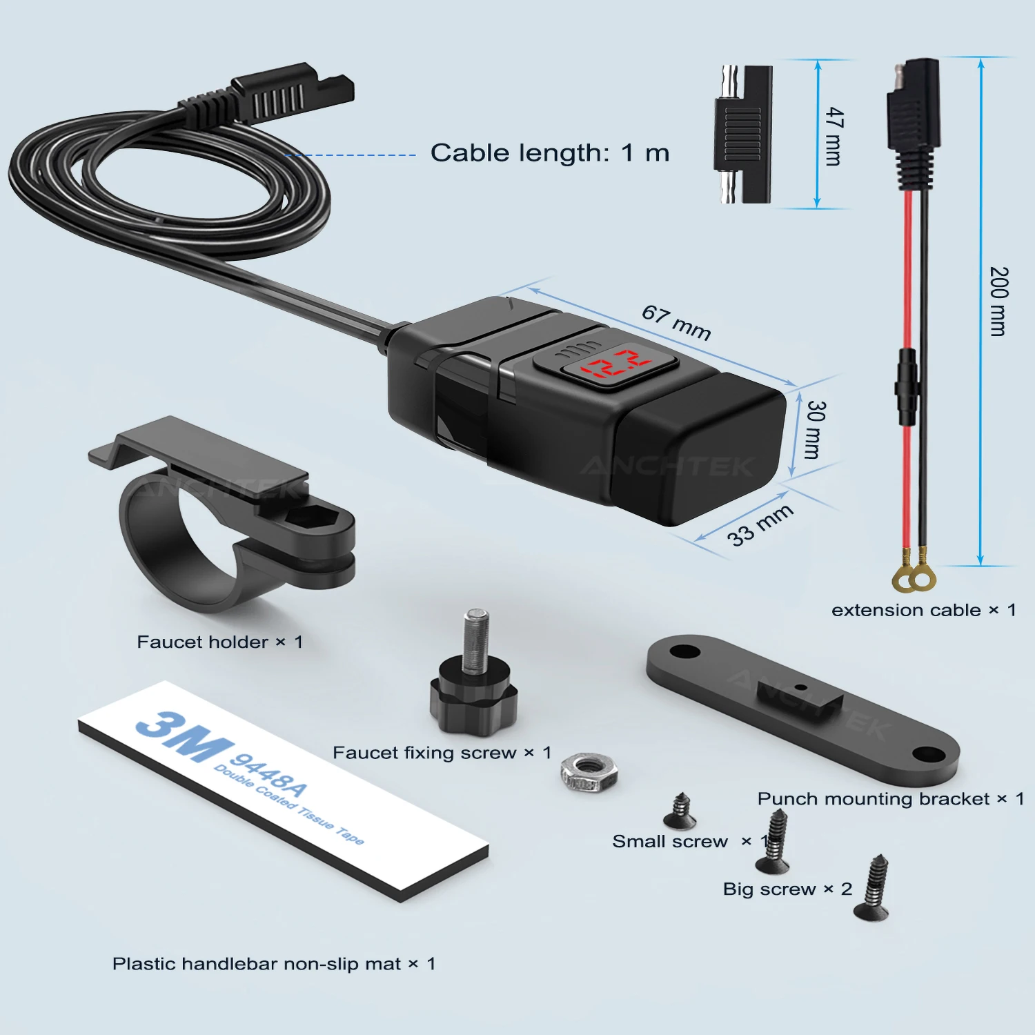 Gadpow Motorcycle USB Charger QC3.0 Handlebar Fast Charging Waterproof 12V Socket Adapter with Voltmeter Motor Accessories