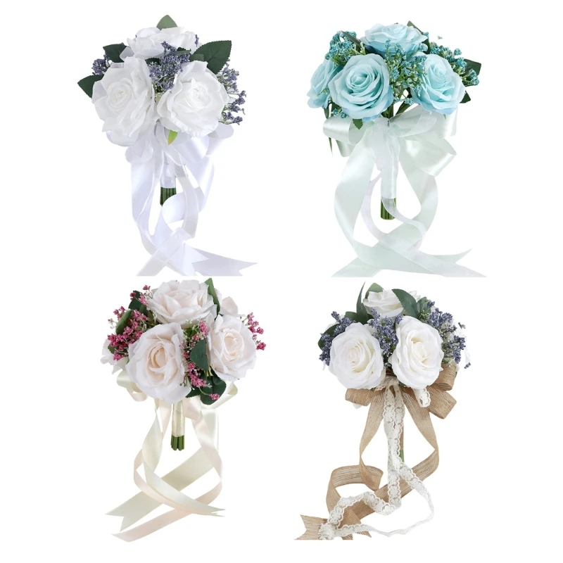 

Handmade Bridal Bouquet Artificial Rose Wedding Flower for Bride and Bridesmaids Handheld Faux Florals Accessory