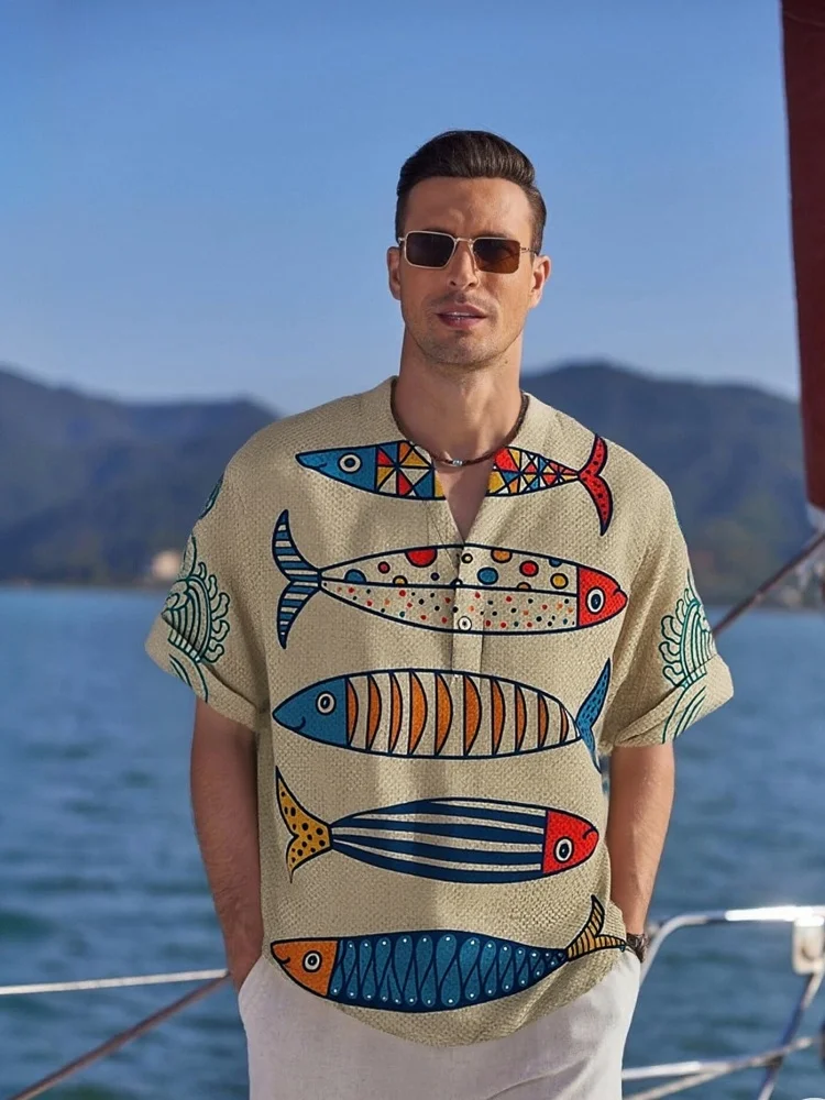 

Мужские топы, винтажная рубашка с короткими рукавами и v-образным вырезом с геометрическим абстрактным художественным принтом, 2026, льняные туники большого размера с короткими рукавами и v-образным вырезом