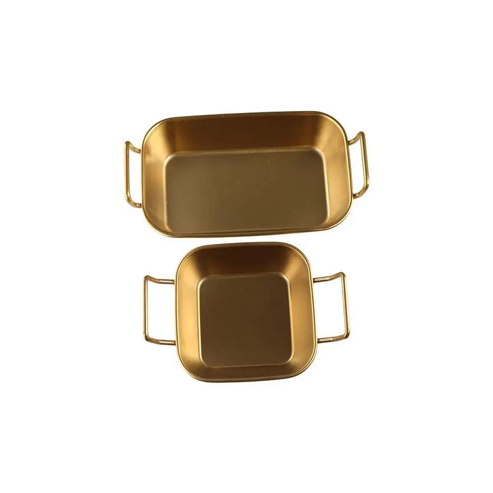 Creative With Handle Korean Stainless Steel Plate Square Durable Fried Food Trays Silver and Gold Snack Plate Kitchen