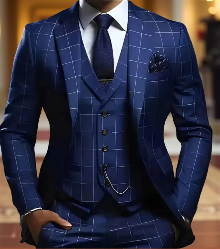 

Клетчатые мужские костюмы для деловой вечеринки, мужской модный костюм в клетку, пиджаки, 3-х предметный приталенный смокинг с лацканами для жениха, куртка, жилет, брюки