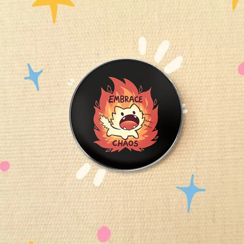 Dark Humor Embrace Chaos Flame Cat UV Printing Pin Edgy Cartoon Design Brooch for Bags Clothing Accessories Gift
