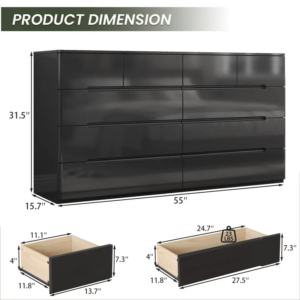 Drawer Black Dresser for Bedroom, 55 Long Dresser Chest of Drawers,Large High Gloss Modern Storage Cabinet with Big Drawers Han