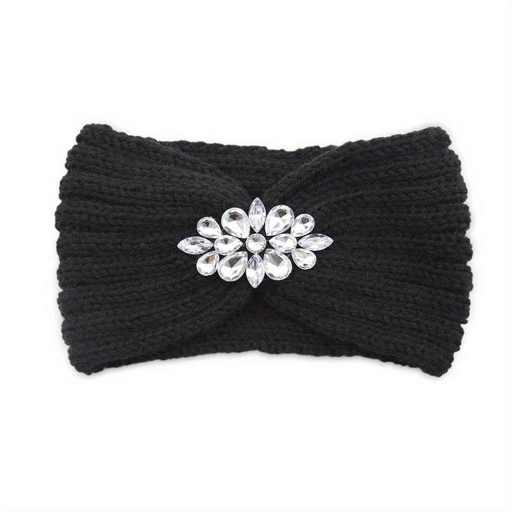 Elegant Rhinestone Embellished Knitted Headband Warm Elastic Cold Resistant Headscarf Twisted Casual Versatile Women's Headband