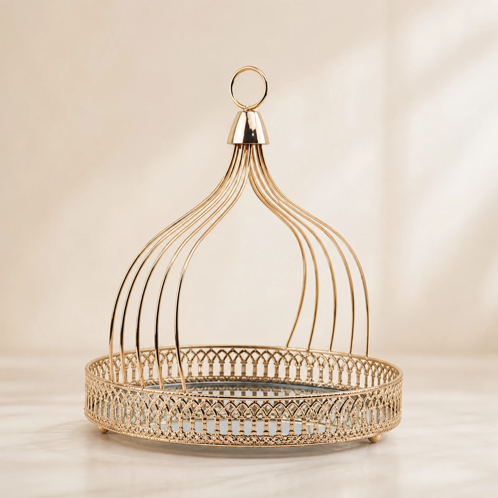 Glass Display Tray with Gold-Tone Finish Decorative Raised Display Tray with Openwork Rim Elegant for Dessert Station
