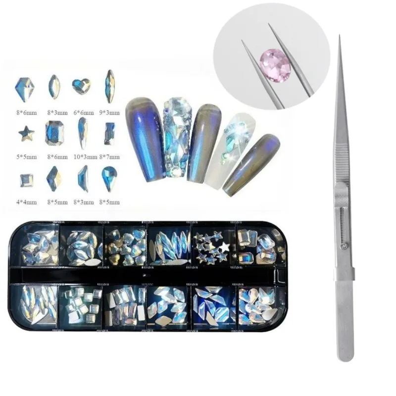 

12Grids/Box AB Crystal Rhinestones - Diamond-shaped Gel Nail Decor with Tweezers for DIY Nail Art