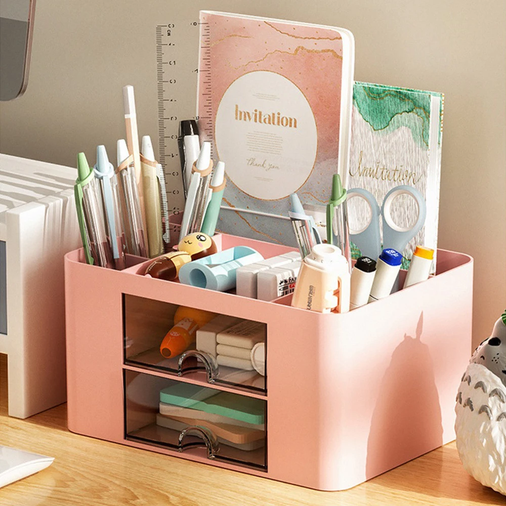 Creative Transparent Drawer Storage Box Desktop Cosmetics Organizer Student Pen Holder School Office Stationery Supplies