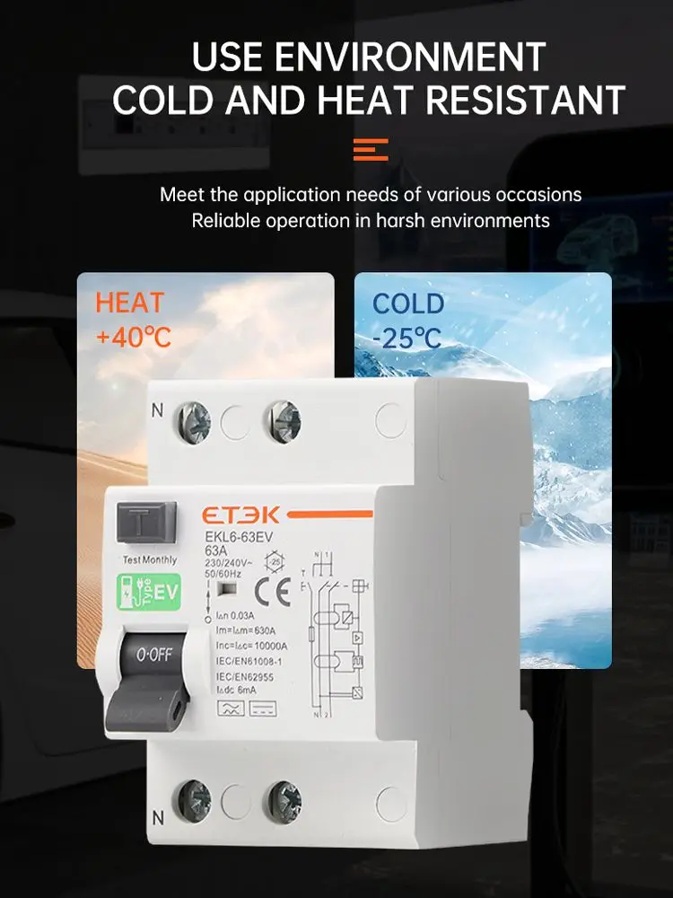 ETEK RCCB Type EV 2P 4P Earth Leakage Circuit Breakers for Car Evse Chargeing Station RCD 40A 63A 30ma EKL6-63EV 10KA Din Rail