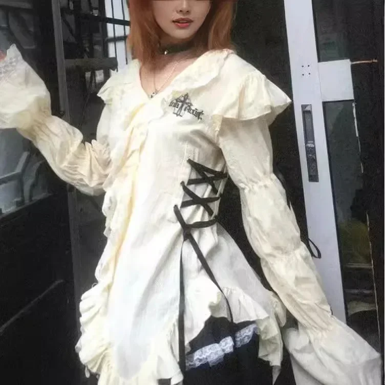 Aesthetics Lace Shirt Grunge Gothic Irregular Blouses Fairy Harajuku Bandage Shirt Vintage Lolita Clothes Mall Goth