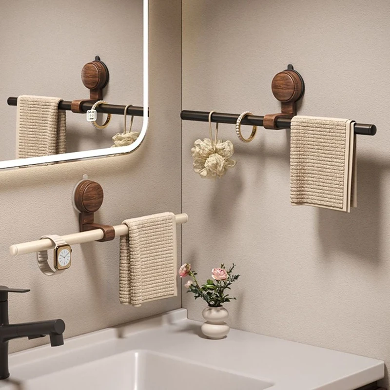 Vintage Walnut Wood Towel Rack with Suction Cups - No Drilling Required for Bathroom or Shower B Retail