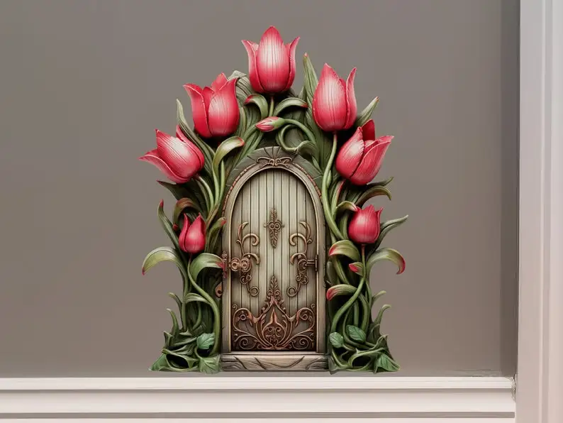 Red Tulip Garden House - Fairy Door 3D Wall Sticker