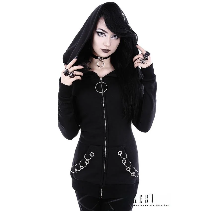 

Black Kepeng Long Hooded Iron Ring Sweatshirt Women's British Style Fashionable Casual Comfortable Zipper Closure Cardigan
