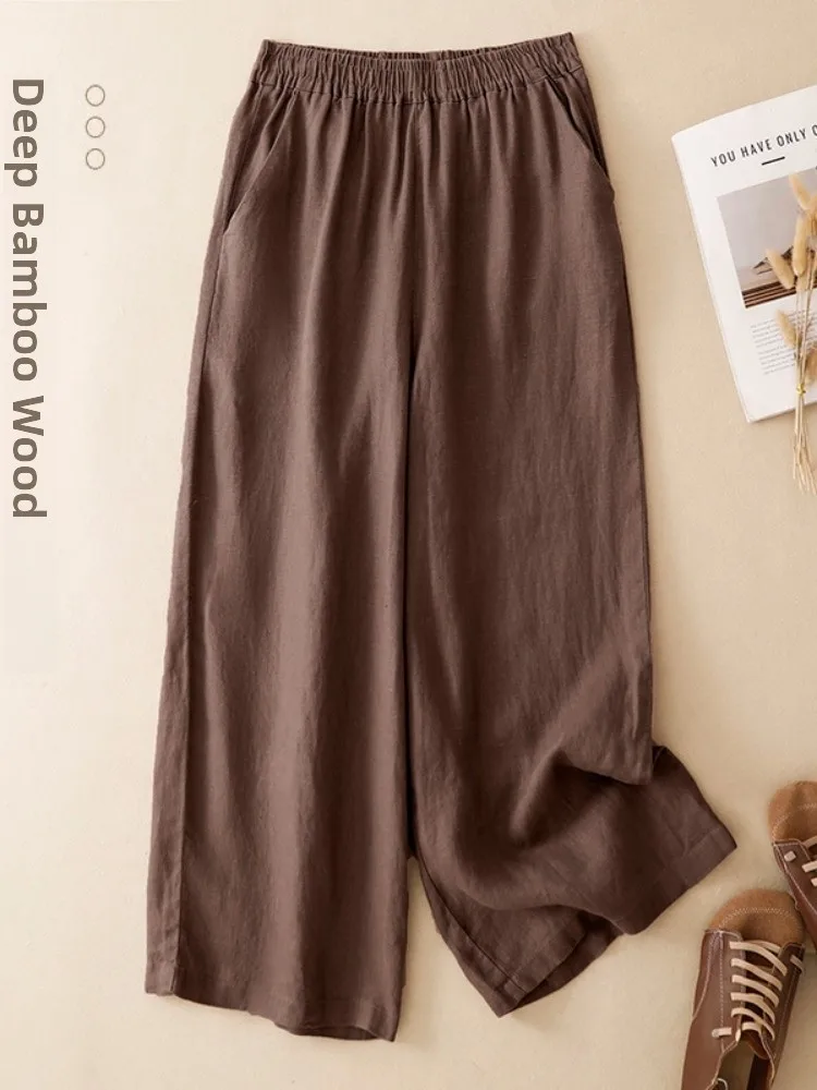 Retro High Waist Wide Leg Pants Nine Points Loose Fit Home Casual Pants Linen Material Elastic Waist Summer Straight Cut