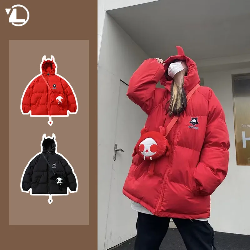 Winter Thicken Parkas Men Hip Hop Devil Horns Wing Couple Hooded Padded Jacket with Doll Bag High Street Embroidey Thick Coat