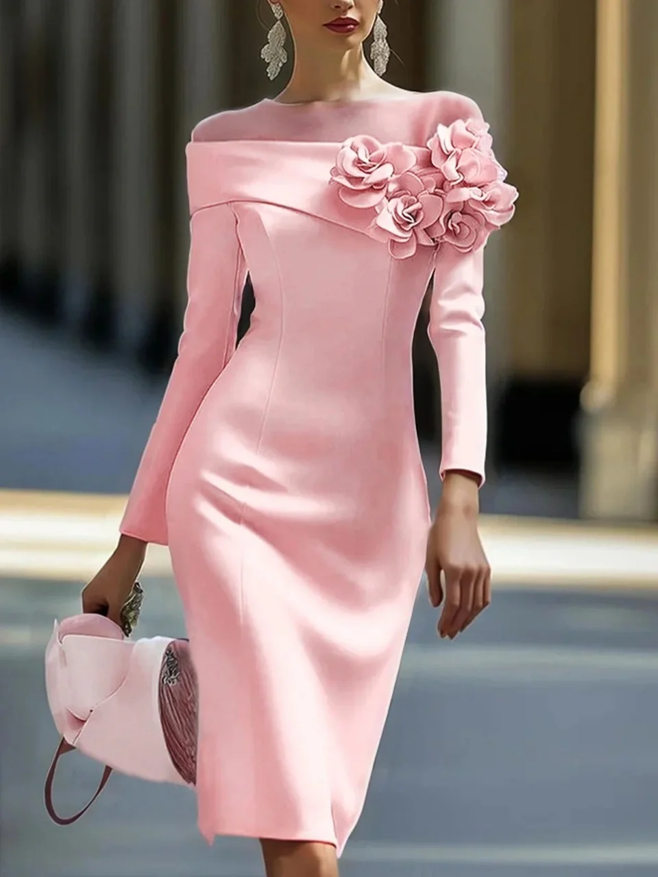 Feminino elegante 3d floral tripulação pescoço vestido formal outono primavera sólido magro bodycon quadris vestido de manga longa vestidos de noite na altura do joelho