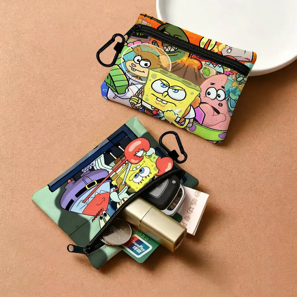 Kawaii Cartoon S-SpongebobS Portable Oxford Cloth Coin Purse Alloy Carabiner Hook Small Zipper Pouch For Backpack Belt Daily