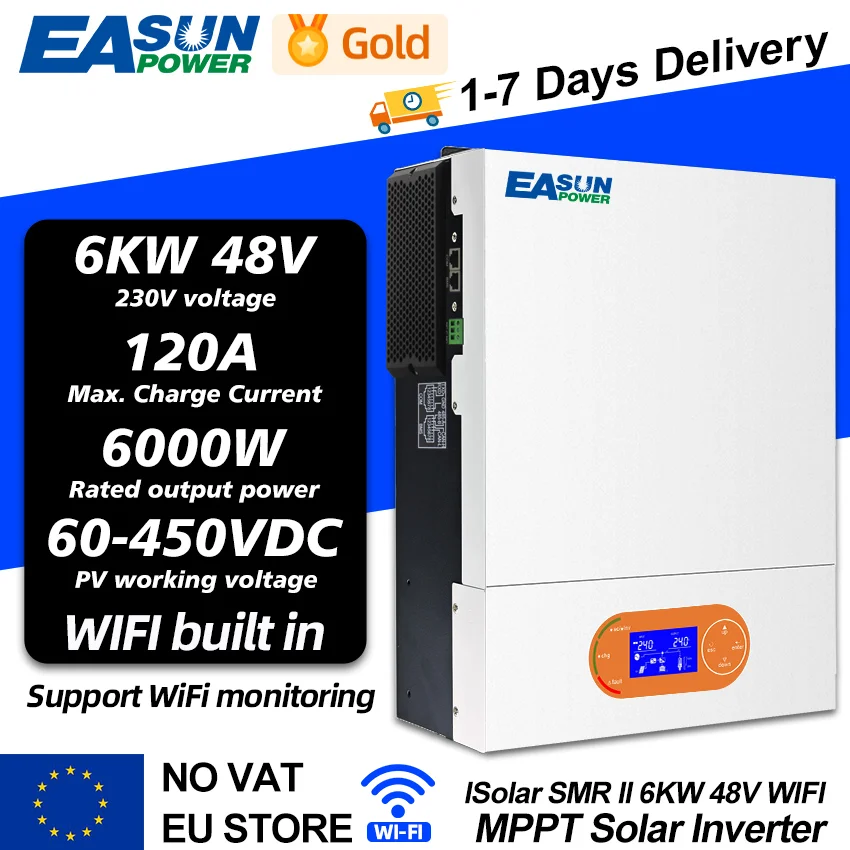 Hybrid Inverter EASUN 6KW 48V 4KW 3.2K 24V Solar Power Off Grid 230V Converter Build in WIFI BMS 120A MPPT Solar Battery Charger