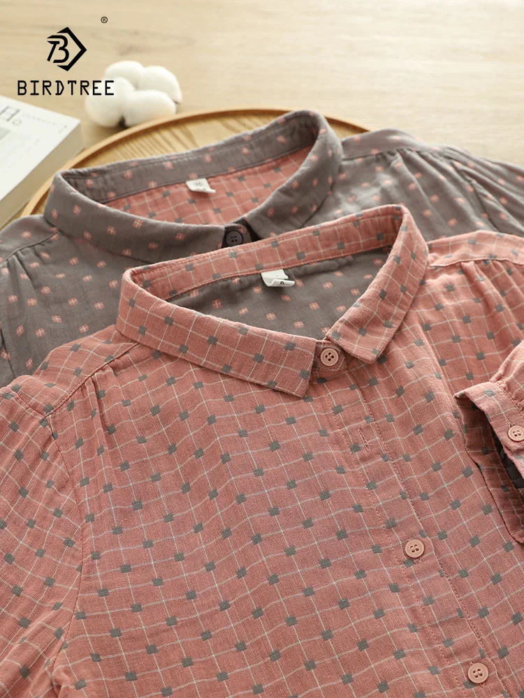 

New 2025 Summer Cotton Yarn Half Sleeve Shirt, Women Turn-down Collar Plaid, Mori Girl Retro Breathable Loose Blouse T57454CC