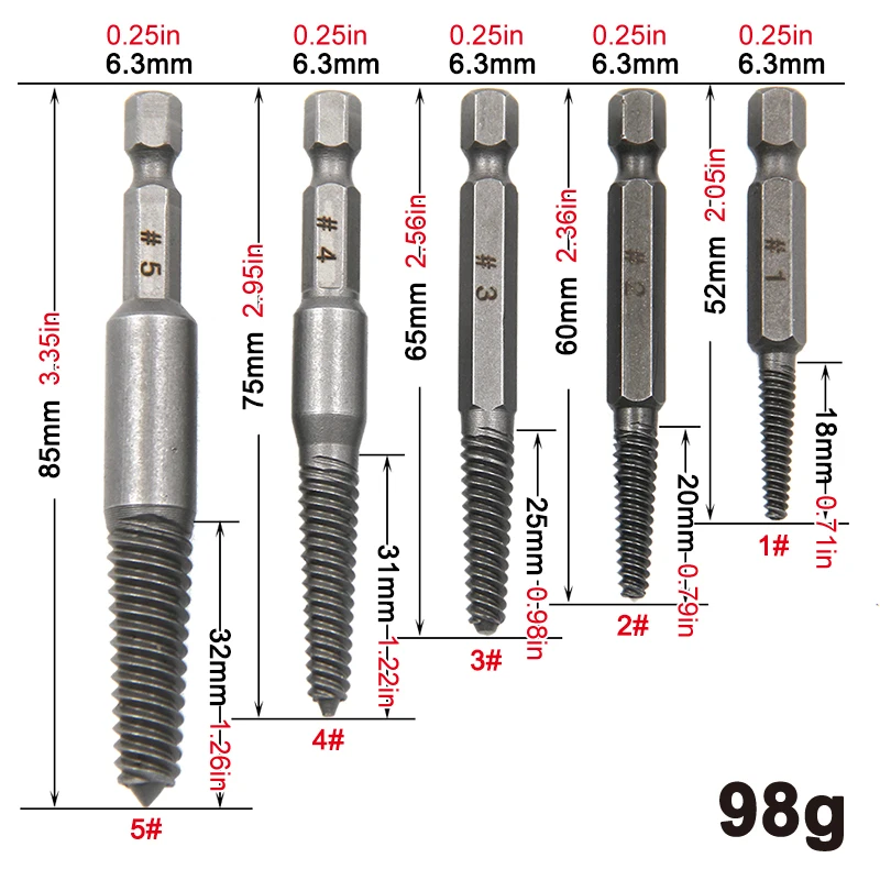 5PC Hexagonal Handle Broken Head Screw Extractor Power Tool Accessory Hexagonal Broken Thread Extractor Thread Set