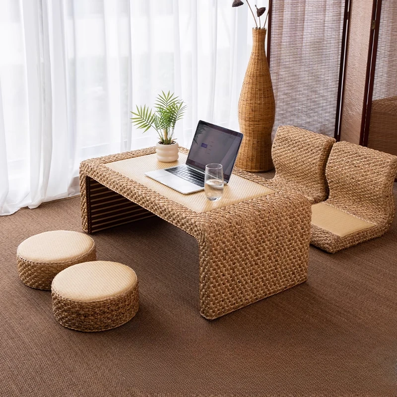 Rattan Weaving Tatami Tea Table Japanese Style Low Coffee Tables Compact Floor Desk for Living Room Traditional Home Decor