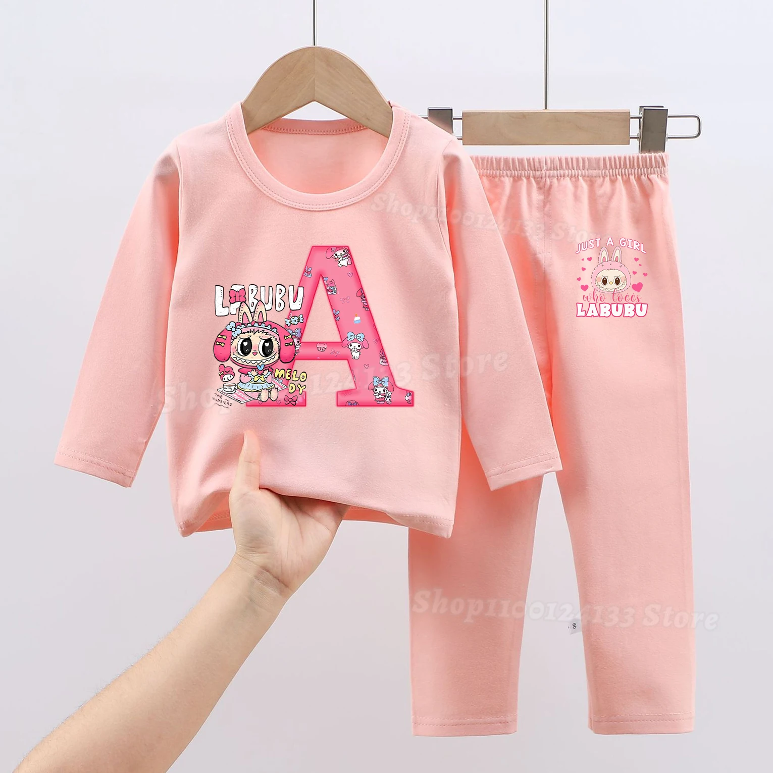 

Labubu Melody Girl Long Sleeve Pajamas Thicken Warm Cute Letters A-Z Anime Kid Y2K Trend Kawaii Sleepwear Tops Pants Clothes Set