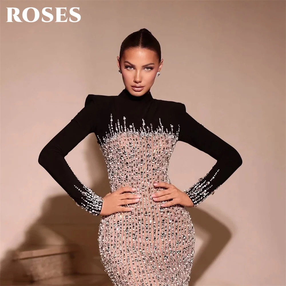 ROSES Black and Champagne Party Dress Off the Shoulder Long Sleeve فساتين السهرة Mermaid Night Dress Celebrity Dress Customized