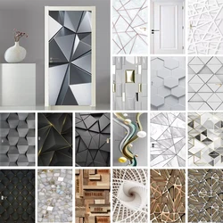 Geometric 3D Door Sticker Self Adhesive for Living Room Black White Abstract Pattern Door Wrap Cover Decals Home Room Decoration