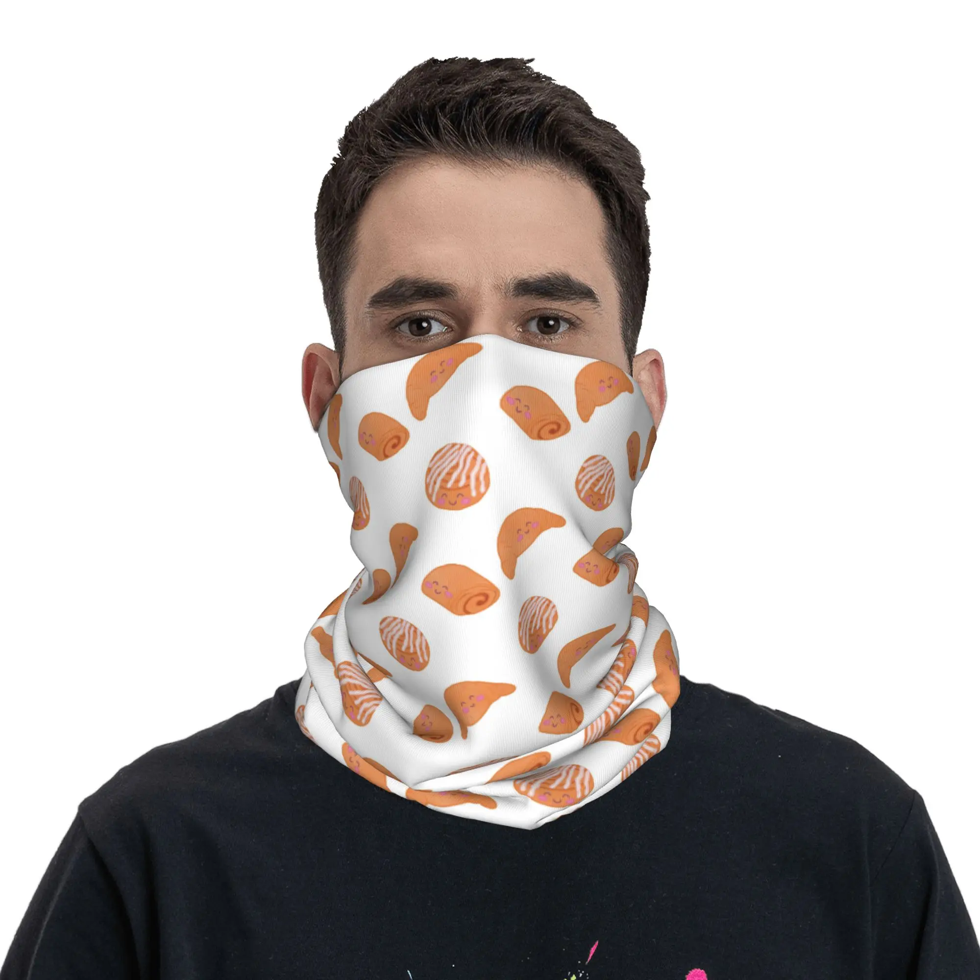 smiling croissant and pastries illustration Bandana Neck Gaiter Printed Mask Scarf Multifunction Balaclava Riding For Men Women