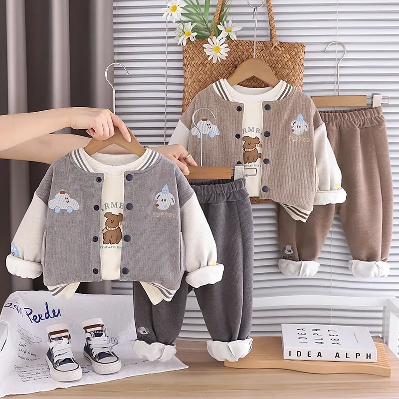 2026 Winter Boys' 3-Piece Set Plush Lined Baseball Jacket with Sweatshirts & Pants Warm Fleece-lined Snow Suit for Kids Outfit