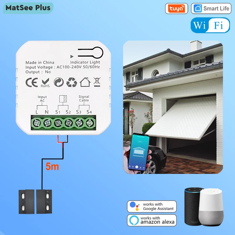 

Tuya Smart WiFi Garage Door Sliding Gate Opener Wireless Remote Control and Time with App Supports Alexa Google Home AC100-240V