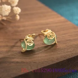 Green Jade Ear studs Jewelry Fashion Lucky Gemstone Chalcedony Gifts Zircon Amulet Natural Earrings Women Crystal