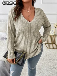 GIBSIE Plus Size vrouwen Casual V-hals Lange Mouw Tees Shirt 2024 Lente Herfst Mode Losse Geribbelde Gebreide Tops voor vrouwen