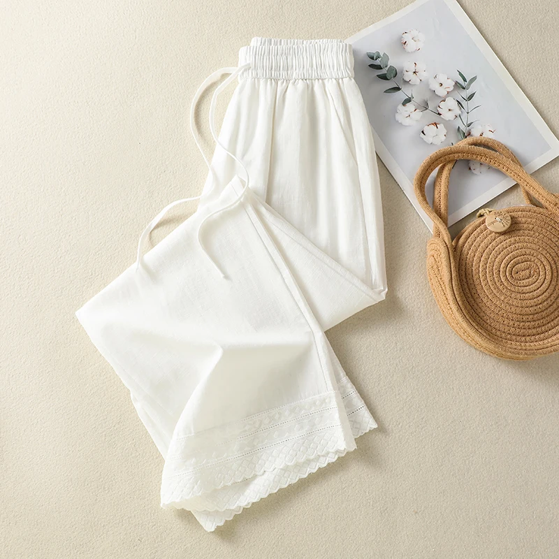 Ladies Summer Thin High Waist Narrow Version Straight Leg Linen Wide Leg Pants Lace Trim Belted Long Trousers Casual Pure Color