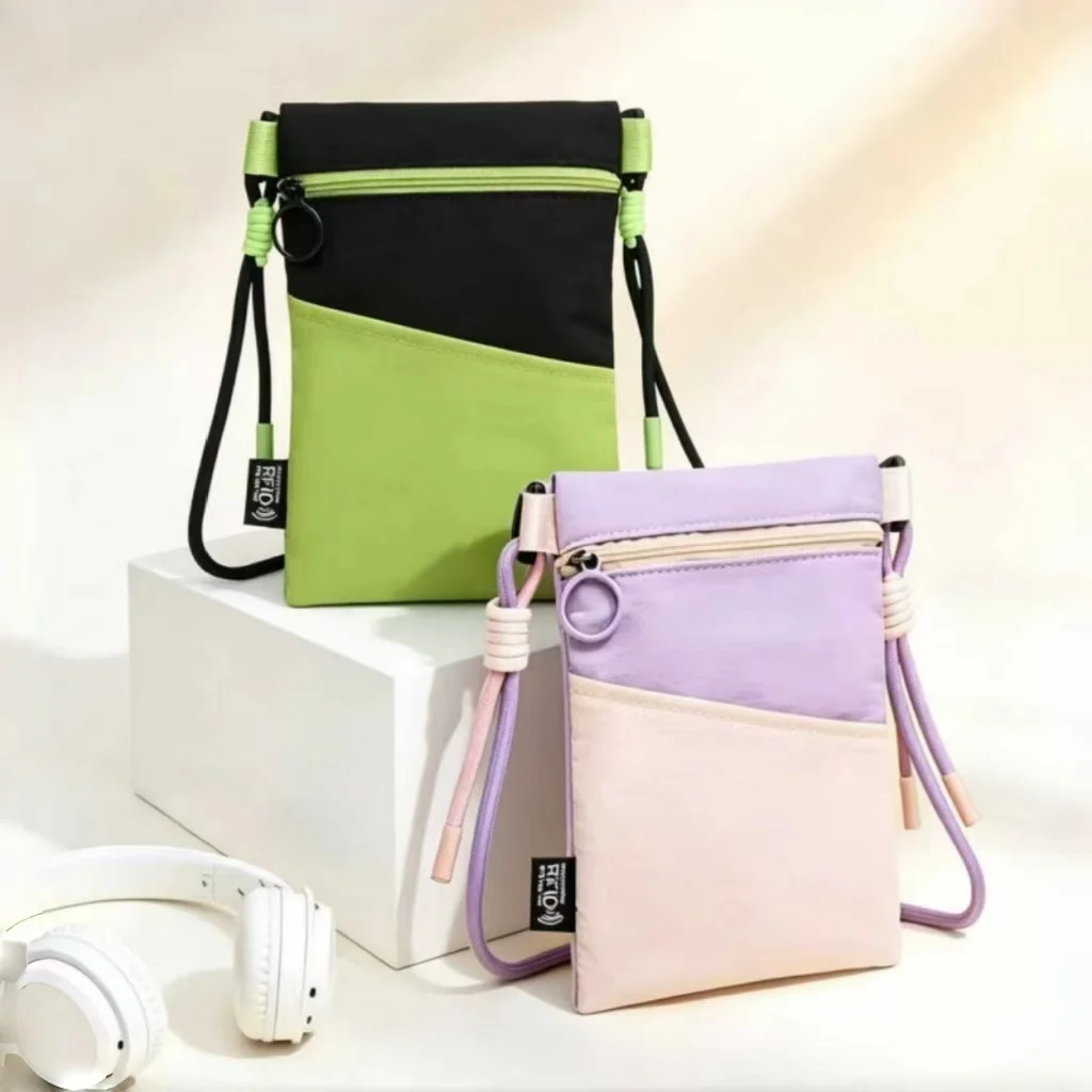 Women RFID Blocking Crossbody Phone Bag Color Block Oxford Cloth Mini Shoulder Purse Lightweight Zipper Cell Phone Pouch Casual