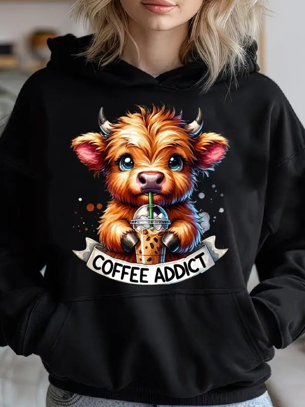 

Women_s Highland Cow Coffee Addict Cute Gifts Pullover Hoodie Cozy Classic Print Pullover Hoodie, Casual Long Sleeve Hoodie