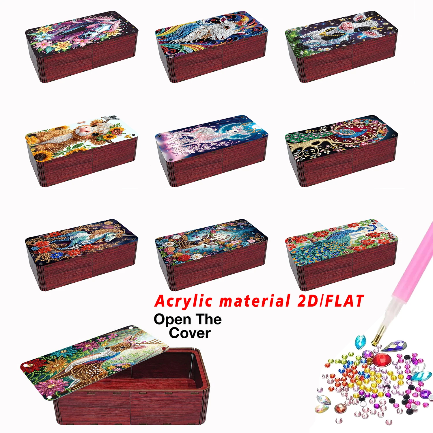 A set of diamond-encrusted red rectangular desktop storage boxes, decorated with creative spring floral and animal patterns.