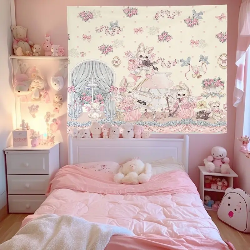 VIKAMA Angel Rabbit Concert Hanging Cloth Piano Notes Rose Cartoon Tapestry Living Room Background Wall Room Decoration