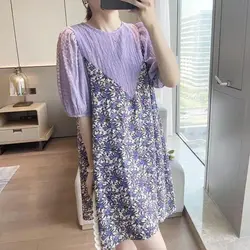 Fashion Spliced Floral Fake Two Pieces Short Sleeve Mini Dress Women's Clothing 2024 Spring New Loose All-match Casual Dresses