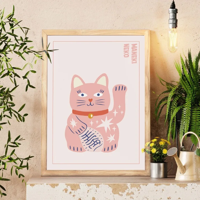 Lucky Cat Maneki Neko Retro Japanese Posters Prints Canvas Painting Wall Art Pictures for Kids Room Home Decor Gift Cat Lover