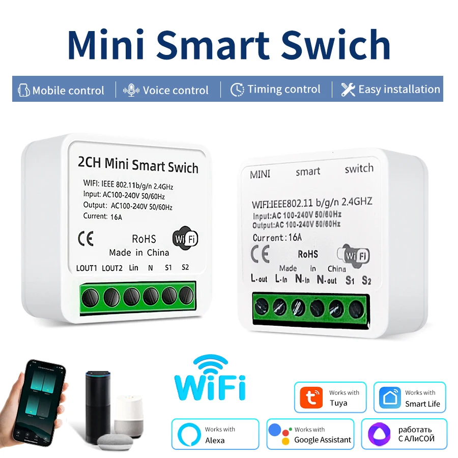 

100-240V Tuya WiFi Intelligent Switch Smart Life App Remote Automatic Module 1/2CH Relay Breaker Works with Alexa Google Home