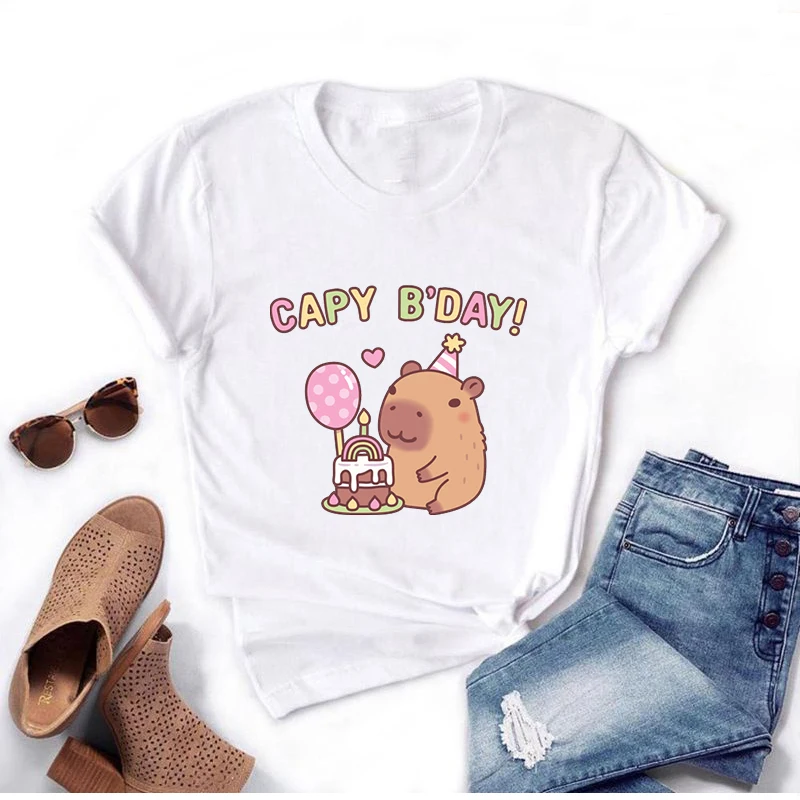 Capy Birthday T Shirt capibara Cartoon Print maglietta Unisex Harajuku Streetwear o-collo donna uomo T-Shirt moda Casual regalo top