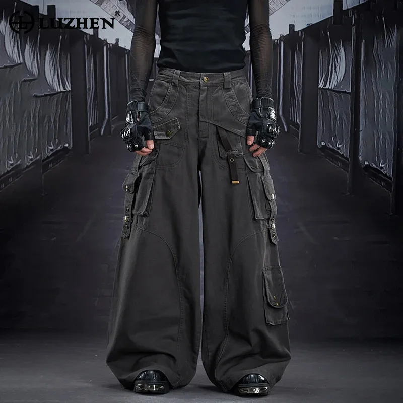 

LUZHEN 2025 New Original Multi Pockets Design Ribbon Decorate Patchwork Loose Wide Leg Casual Pants Men Stylish Trousers JY5383
